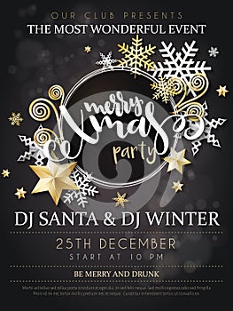 Vector illustration of christmas party poster with hand lettering label - christmas - with stars, sparkles, snowflakes