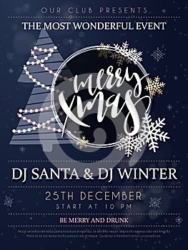 Vector illustration of christmas party poster with hand lettering label - merry Xmas - with fir-tree, realistic beads
