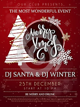 Vector illustration of christmas party poster with hand lettering label - merry Xmas - with fir-tree, realistic beads