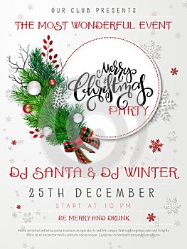 Vector illustration of christmas party poster template with hand lettering label - merry Christmas - with realistic fir