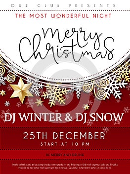 Vector illustration of christmas party poster template with hand lettering label - merry Christmas - with stars