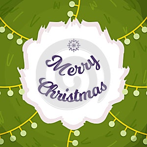 Vector illustration of a Christmas poster. Beautiful spruce wreath with lights.