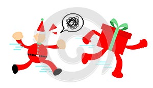 vector illustration christmas red santa claus run for big gift box party flat design cartoon style