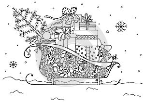 Vector illustration of Christmas, Santa`s sleigh full of presents. photo