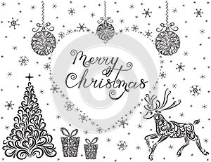 Vector illustration. Christmas set of heart ornament. Christmas tree, Christmas balls, reindeer, gift, snowflakes. Lettering Merry