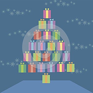 Vector illustration with a Christmas tree made of colorful multi-colored color square gifts with a ribbon and a bow on a