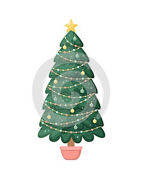 Vector illustration of a Christmas tree in a pot. New Year. Holidays