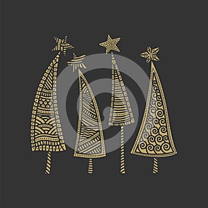 Vector illustration. Christmas trees with stars.