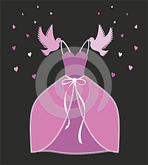 Vector illustration. Cinderella - askungen inspiration. Dress carried by pigeons like in the fairy tale.