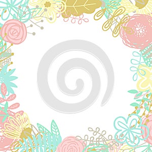 Vector illustration of a circle frame made of hand-drawn floral elements. An image for decoration of cards, invitations and interi