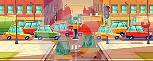 Vector illustration of city crossroads, rush hour, traffic jam, transport moving, vehicles. Machines, automobiles