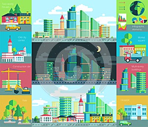 Vector illustration of city life, urban landscape with the environment