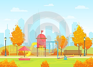 Vector illustration of city public park with kids playground on the modern big city background. Beautiful autumn city