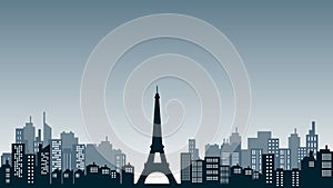 Vector illustration of a city with a silhouette of the eiffel tower and tall buildings around it