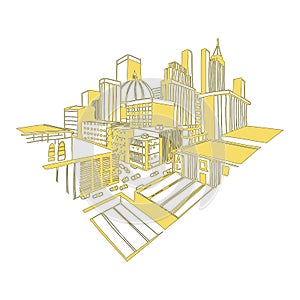 Vector illustration of the city at sunrise in line art style.