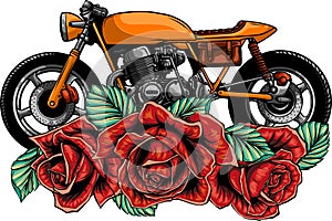 vector illustration classic cafe racer motorcycle and roses