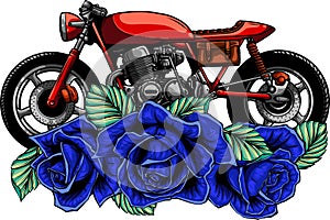 vector illustration classic cafe racer motorcycle and roses