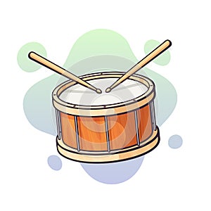 Vector illustration. Classical drum with crossed wooden drumsticks. Percussion musical instrument. Blues, jazz or rock equipment.