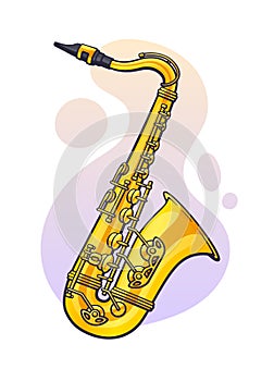 Vector illustration. Classical music wind instrument saxophone. Blues, jazz, ska, funk or orchestral equipment.