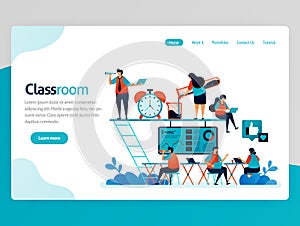 Vector illustration for classroom landing page. Modern and cozy class for millennials. Pleasant lesson. Startup workspace and cowo