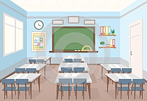 Vector illustration of classroom in school. Empty Interior of class with board and desks for children in flat cartoon
