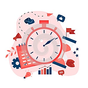 Vector illustration. Clock, calendar and hourglass. Concept of time management. with business icons