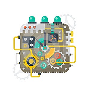 Vector illustration of clock face of watches vintage cogs, gears and scales inside. Technology concept.