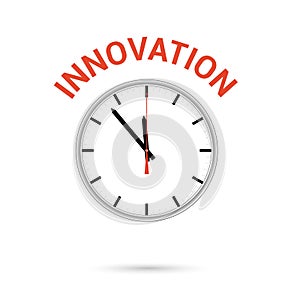 Vector illustration of clock icon. Red arrow points to word INNOVATION. Conceptual icon