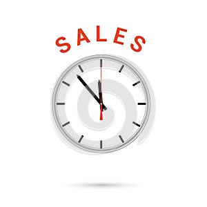 Vector illustration of clock icon. Red arrow points to word SALES. Conceptual icon