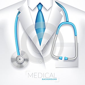 Vector Illustration With Close Up Of Doctor With Stethoscope. Medical Background.