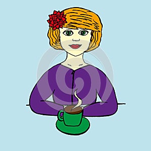 Vector illustration. Close-up of a fair-skinned girl / woman with red hair and a bright hairpin in the form of an abstract flower