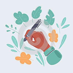 Vector illustration of close up of hand darwing leaves with pen