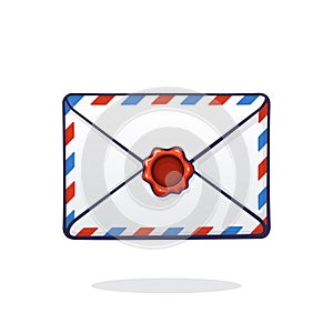 Vector illustration. Closed mail white envelope with red and blue stripes and red wax seal. Not read incoming message
