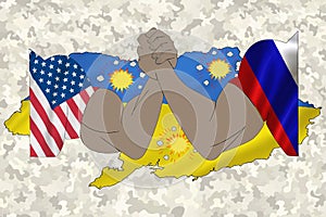 Vector illustration, Closeup, Arm wrestling of Usa against Russia on Ukranian Flag. Concept of crisis of war and