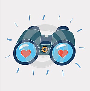 Vector illustration of Closeup binoculars, searching for something heart sign on lenses.