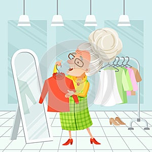 Vector illustration of a clothing store interior in nice light blue tones. Old woman with glasses tries on a blouse in