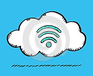 Vector illustration a cloud connection with wifi icon. Sketch style illustration