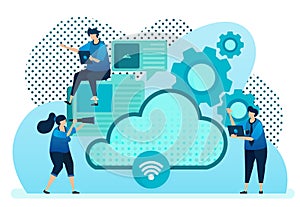 Vector illustration for cloud provider for network, internet connection, communication, hosting server, data center. Design can be