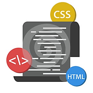 Vector illustration. Code optimization. Flat computing background. Programming and coding. Web development and search. Search
