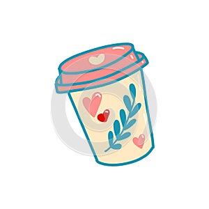 Vector illustration, coffee cup with hearts in doodle style, 80s style, Valentine's day