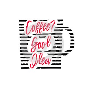 Vector illustration of coffee cup silhouette with stripes and lettering