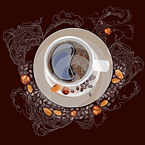 Vector illustration, coffee mug, on a plate. White smoke, coffee grains, nuts on a dark brown background