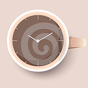 Vector illustration of coffee time , watch drawing on latte art coffee cup