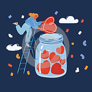 Vector illustration of Coins in glass jar with Donation label and red heart. Money savings, charity and donation concept