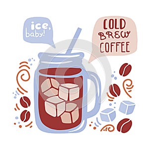 Vector illustration Cold brew coffee with a glass of iced beverage, ice cubes, coffee beans, swirls, dots.