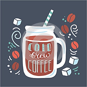 Vector illustration Cold brew coffee with hand drawn elements on dark blue background.