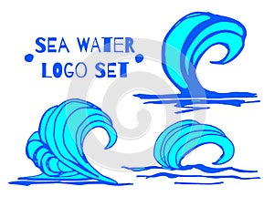 Vector illustration collection of hand blue water waves, splatters, curves icons isolated on white background. Summer tide backdro