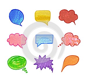 Vector Illustration: Collection of Speech Bubbles, Comic Colorful Crayon Drawing Elements Collection.
