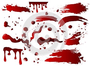 Vector illustration collection various blood or red paint splatters and spots, Halloween concept elements isolated on