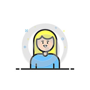 Vector illustration of color icon in flat line style. Linear blue cute and happy girl.